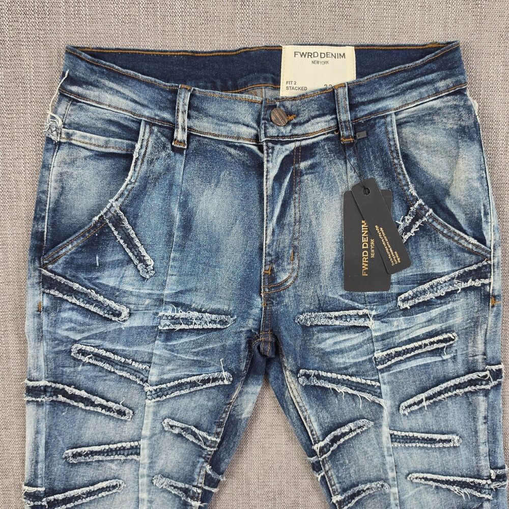 FWRD Denim New York Jeans Mens 32x36 Blue Distressed Ripped Stacked frayed Hype - Picture 9 of 15
